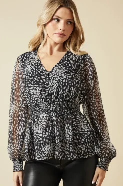 Mono Abstract Button Front Double Ruffle Chiffon Blouse