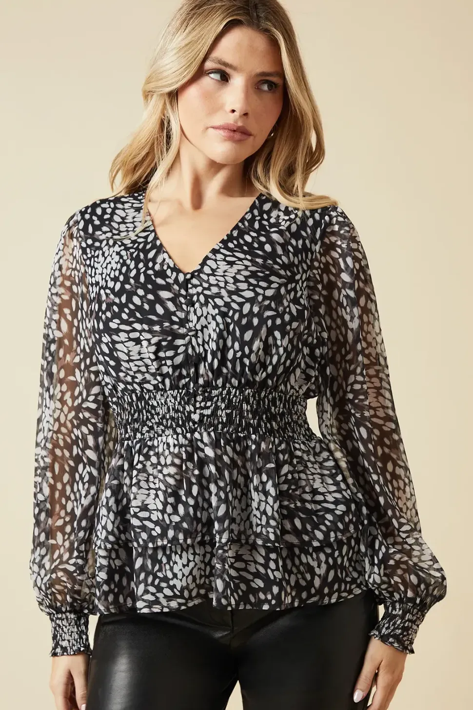 Mono Abstract Button Front Double Ruffle Chiffon Blouse