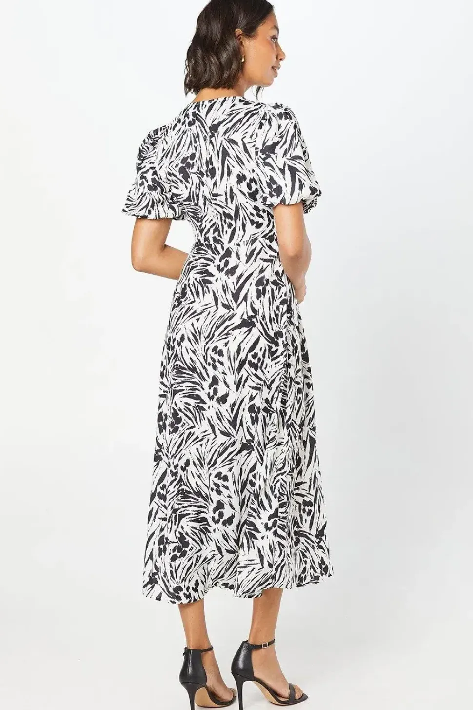 Mono Abstract V Neck Puff Sleeve Midi Dress