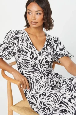 Mono Abstract V Neck Puff Sleeve Midi Dress