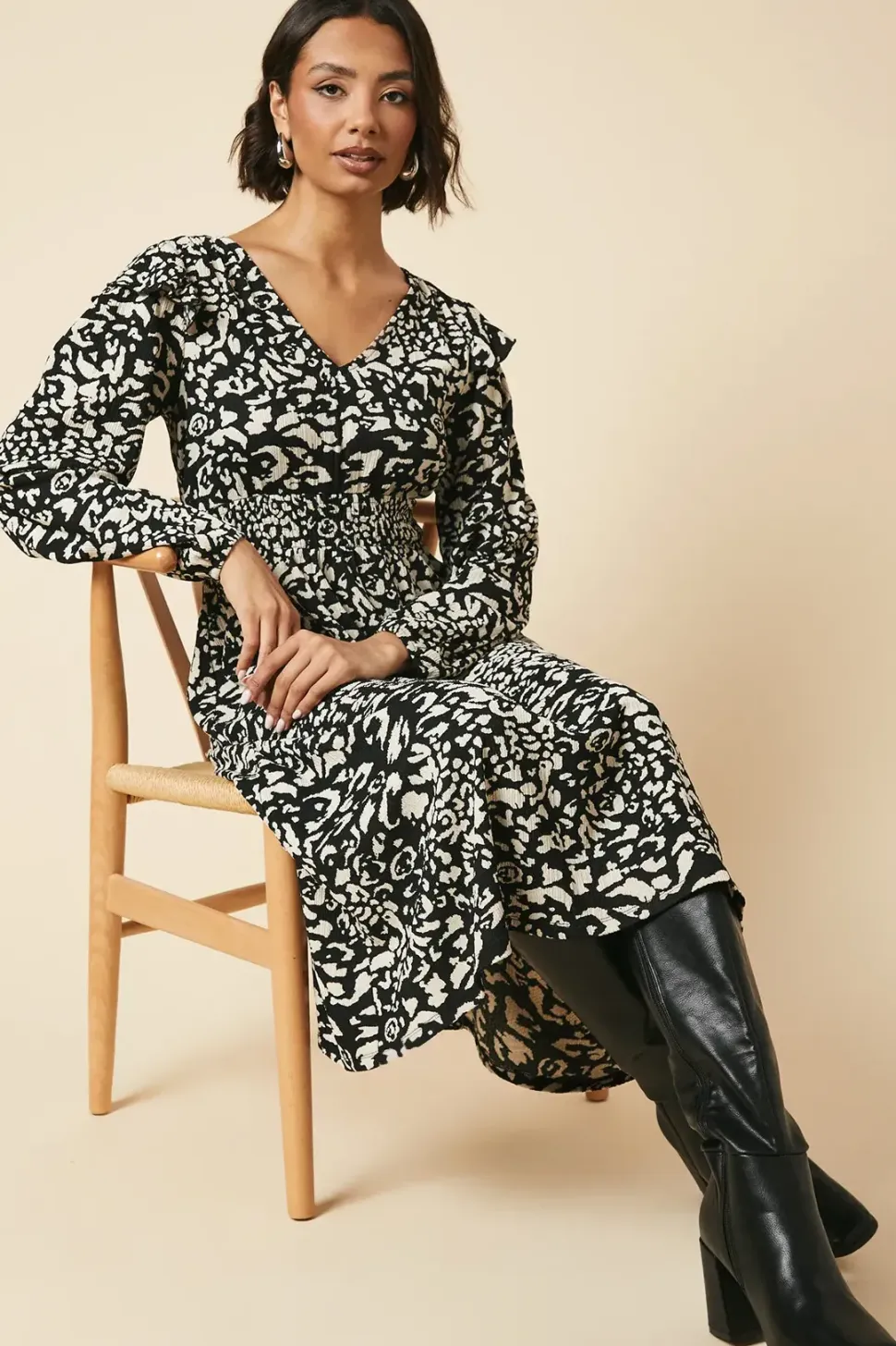 Mono Animal Frill shoulder shirred waist long sleeve midi dress