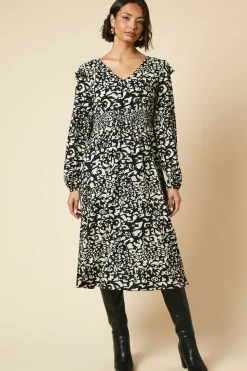 Mono Animal Frill shoulder shirred waist long sleeve midi dress