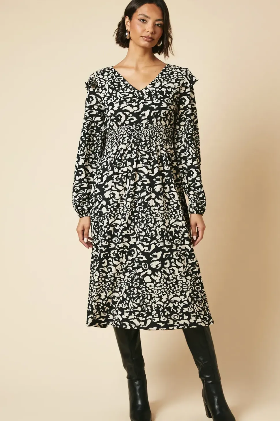 Mono Animal Frill shoulder shirred waist long sleeve midi dress