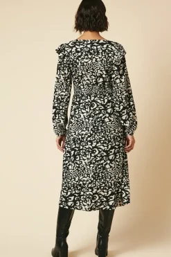 Mono Animal Frill shoulder shirred waist long sleeve midi dress