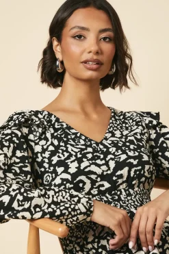 Mono Animal Frill shoulder shirred waist long sleeve midi dress
