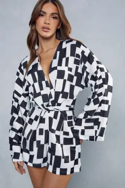 Monochrome Abstract Satin Print Playsuit