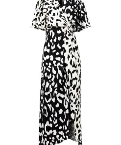 Monochrome Animal Print Silky Wrap Midi Dress