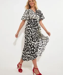 Monochrome Animal Print Silky Wrap Midi Dress