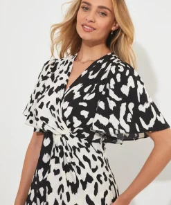 Monochrome Animal Print Silky Wrap Midi Dress