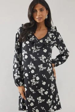 Mono Floral Contrast Frill Shift Dress