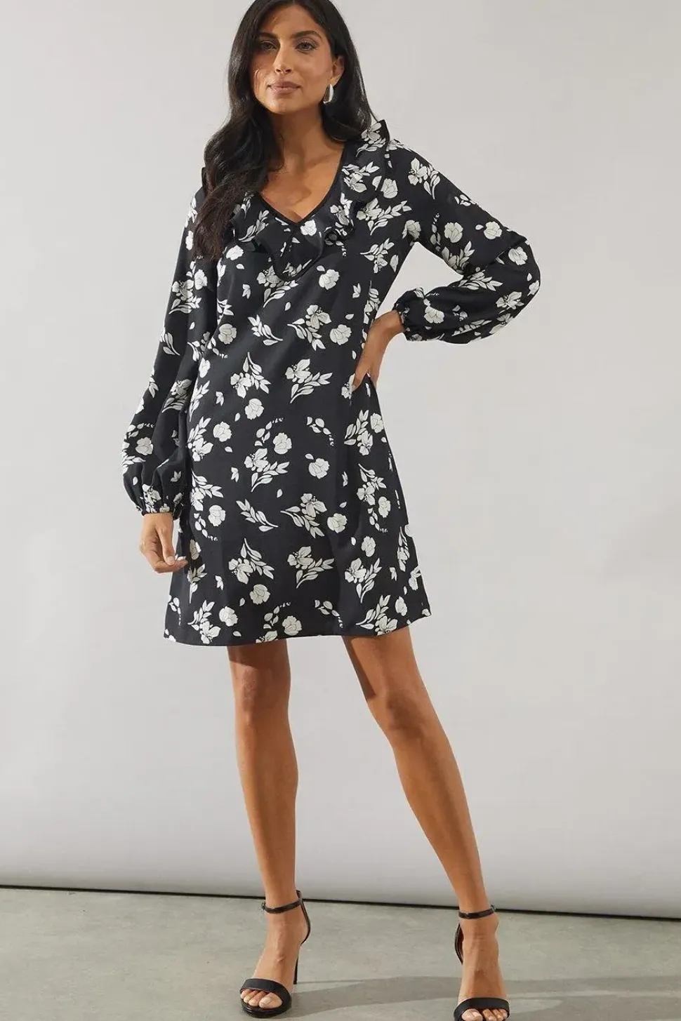 Mono Floral Contrast Frill Shift Dress