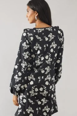 Mono Floral Contrast Frill Shift Dress