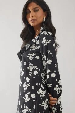 Mono Floral Contrast Frill Shift Dress