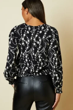 Mono Floral Shirred hem blouse