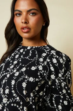 Mono Floral Shirred hem blouse