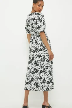 Mono Floral Shirred Waist Midi Dress