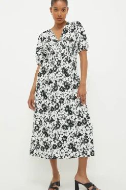 Mono Floral Shirred Waist Midi Dress