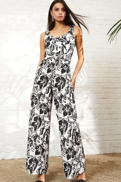 Mono Floral Sweetheart Neck Belted Jumpsuit