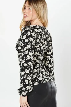 Mono Floral Twist Front Long Sleeve Top