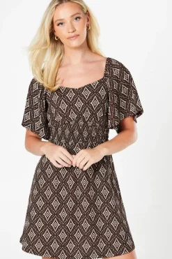 Mono Print Shirred Waist Mini Dress