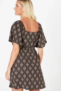 Mono Print Shirred Waist Mini Dress