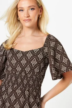 Mono Print Shirred Waist Mini Dress