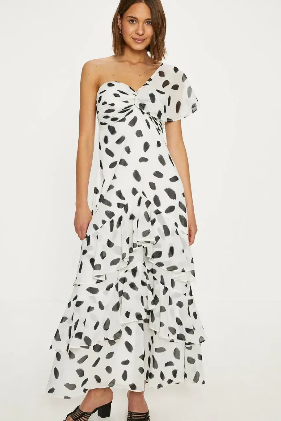 Mono Spot Asymmetric Ruffle Midi Dress