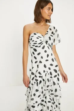 Mono Spot Asymmetric Ruffle Midi Dress