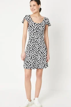 Mono Spot Scoop Neck Flutter Sleeve Mini Dress