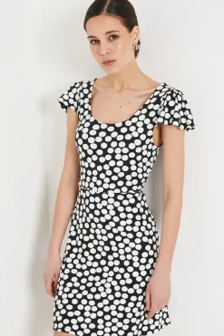 Mono Spot Scoop Neck Flutter Sleeve Mini Dress