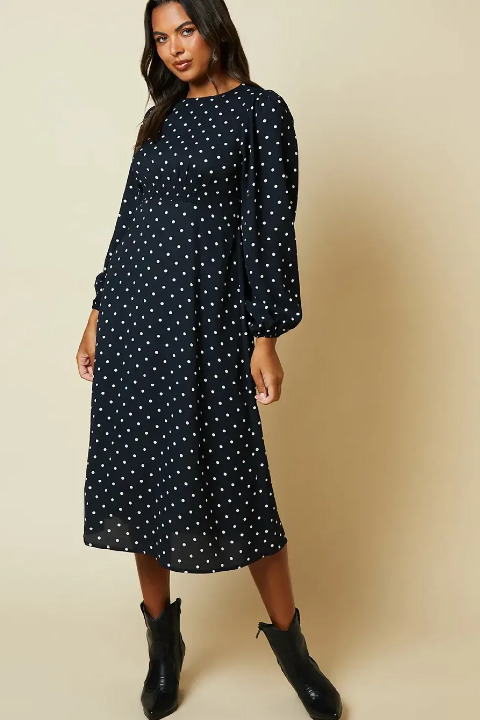 Mono Spot Shirred Waist Long Sleeve Midi Dress