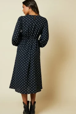Mono Spot Shirred Waist Long Sleeve Midi Dress