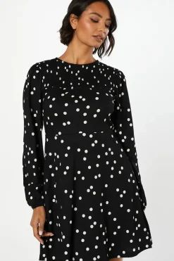 Mono Spot Shirred Yoke Mini Dress