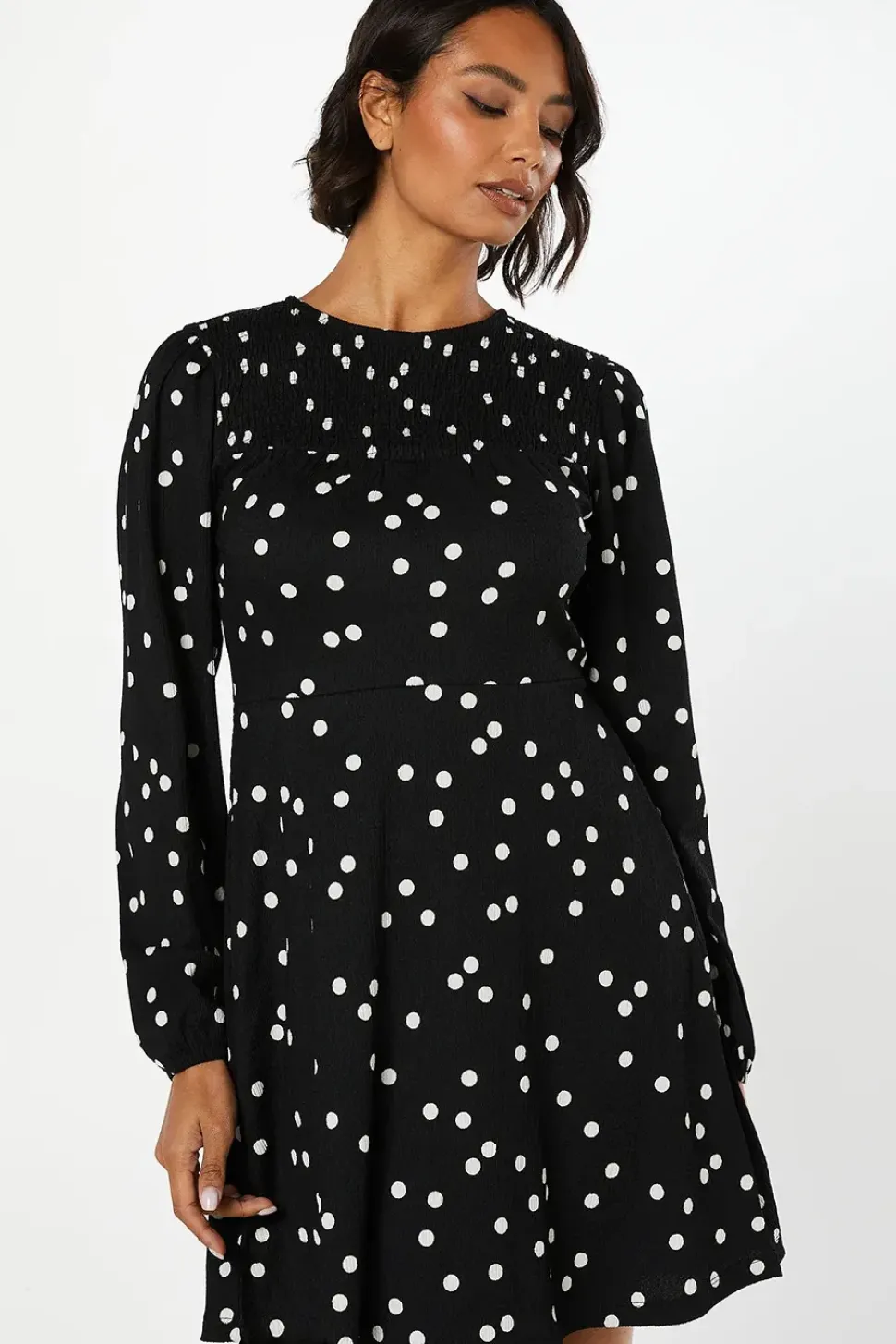 Mono Spot Shirred Yoke Mini Dress