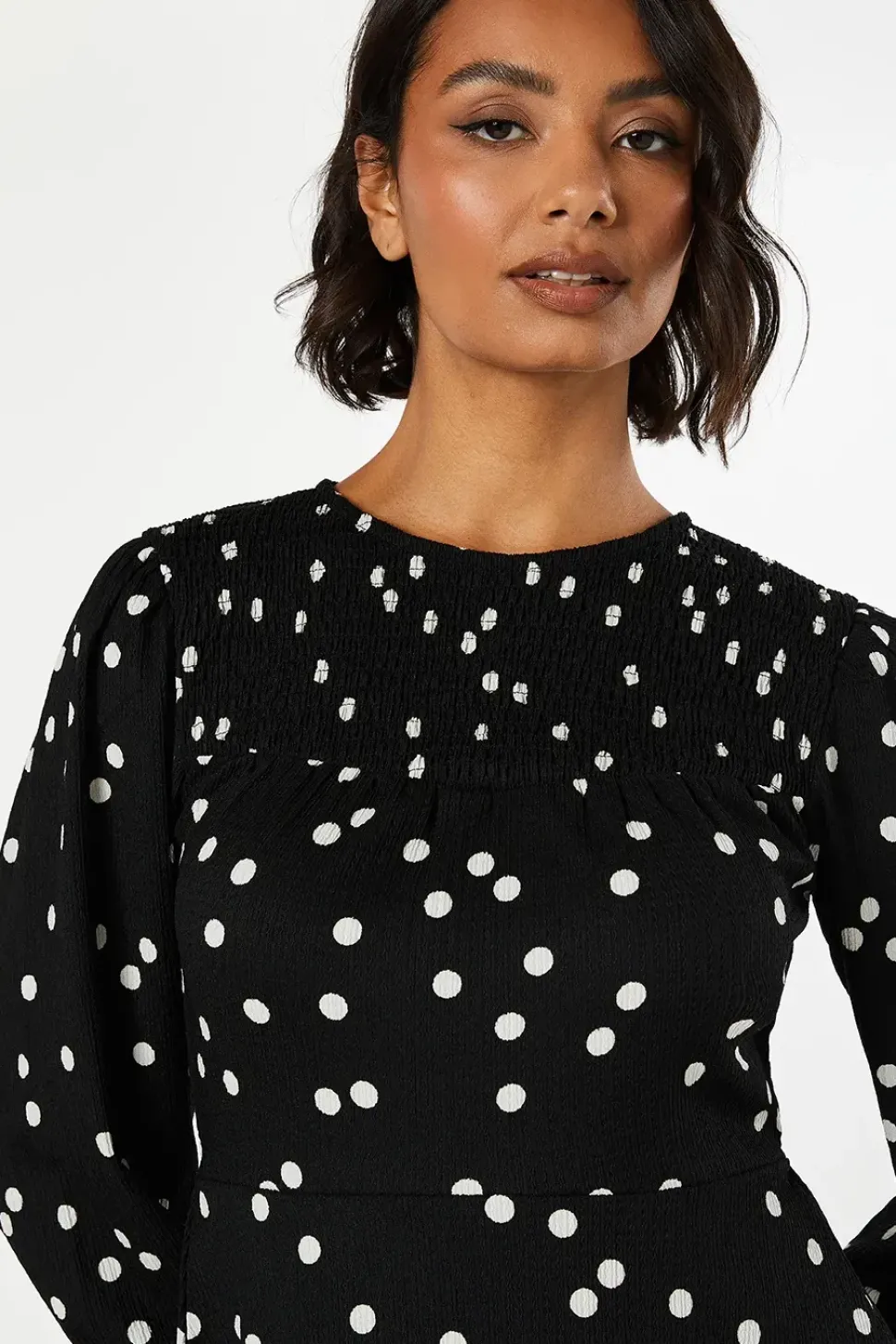 Mono Spot Shirred Yoke Mini Dress