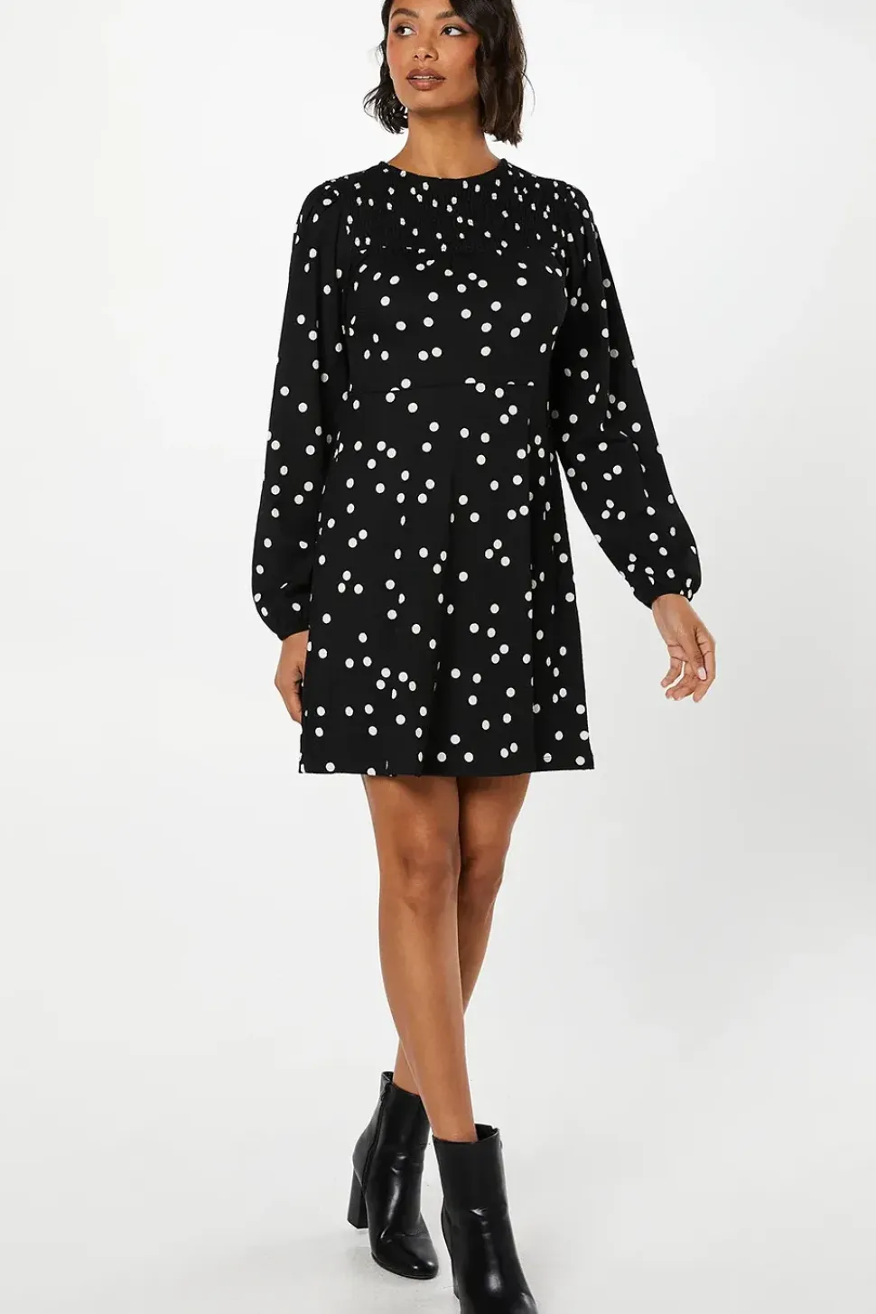 Mono Spot Shirred Yoke Mini Dress