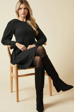 Mono Spot Tie Back Long Sleeve Mini Dress