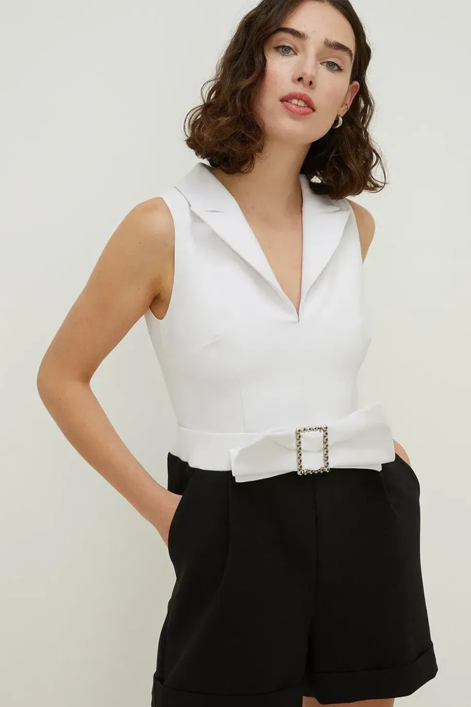 Mono Textured Crepe Bow Detail Playsuit