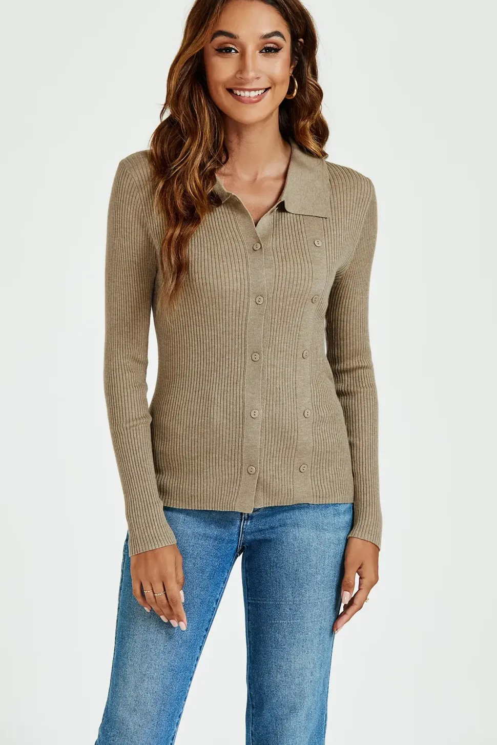 Morgan collar Double Breasted Knit Top In Beige