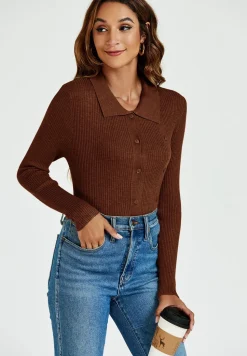 Morgan collar Double Breasted Knit Top In Brown