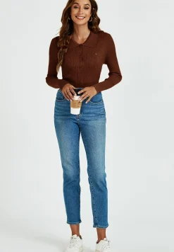 Morgan collar Double Breasted Knit Top In Brown