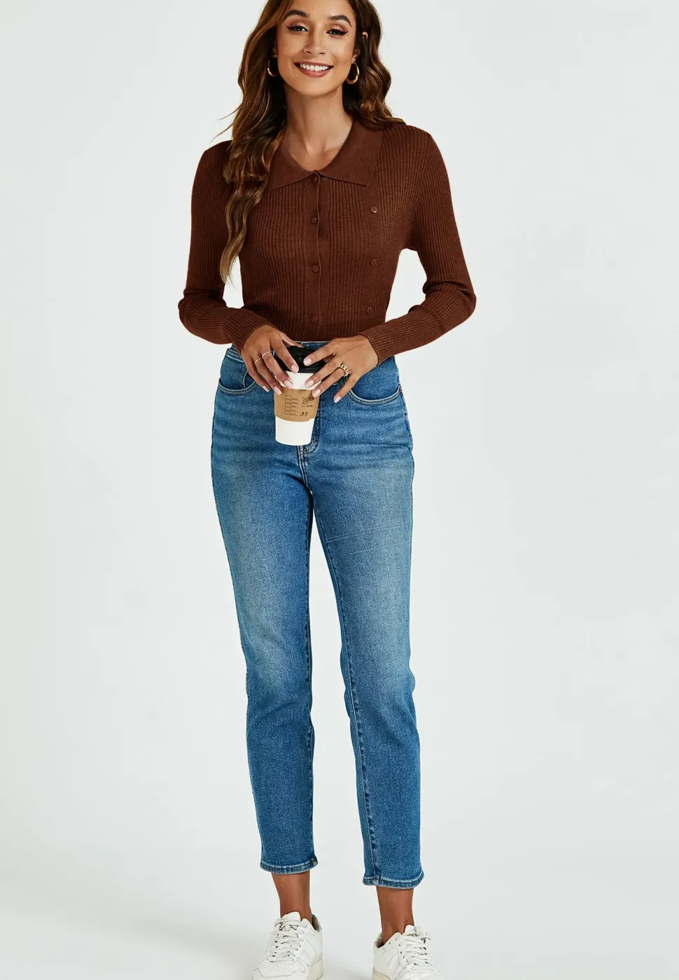 Morgan collar Double Breasted Knit Top In Brown