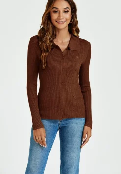Morgan collar Double Breasted Knit Top In Brown