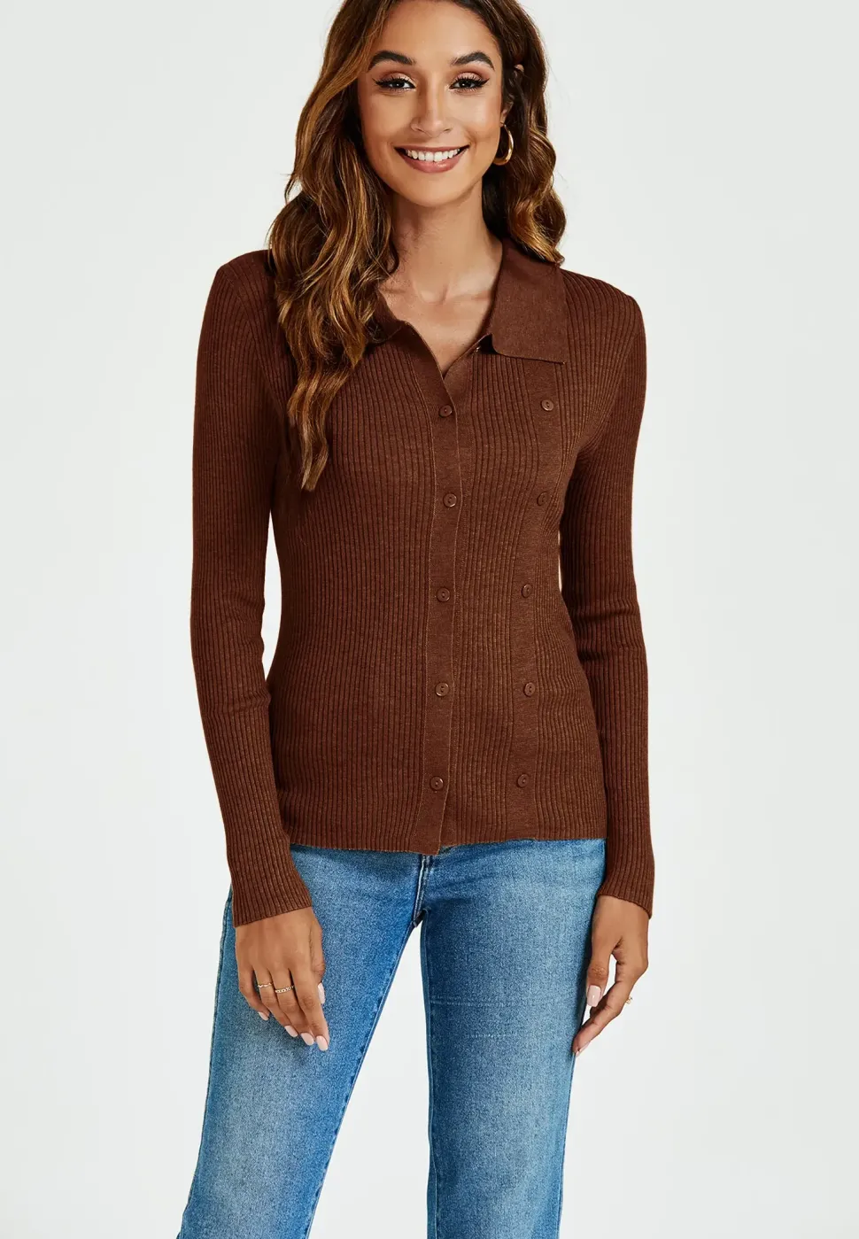 Morgan collar Double Breasted Knit Top In Brown