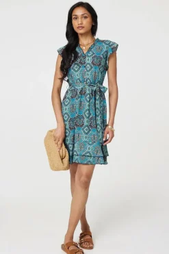 Mosaic Print Frill Tie Waist Short Dress