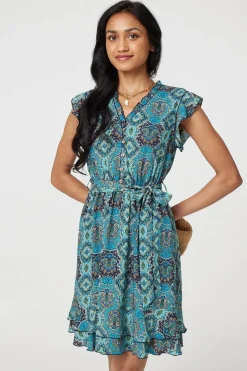 Mosaic Print Frill Tie Waist Short Dress