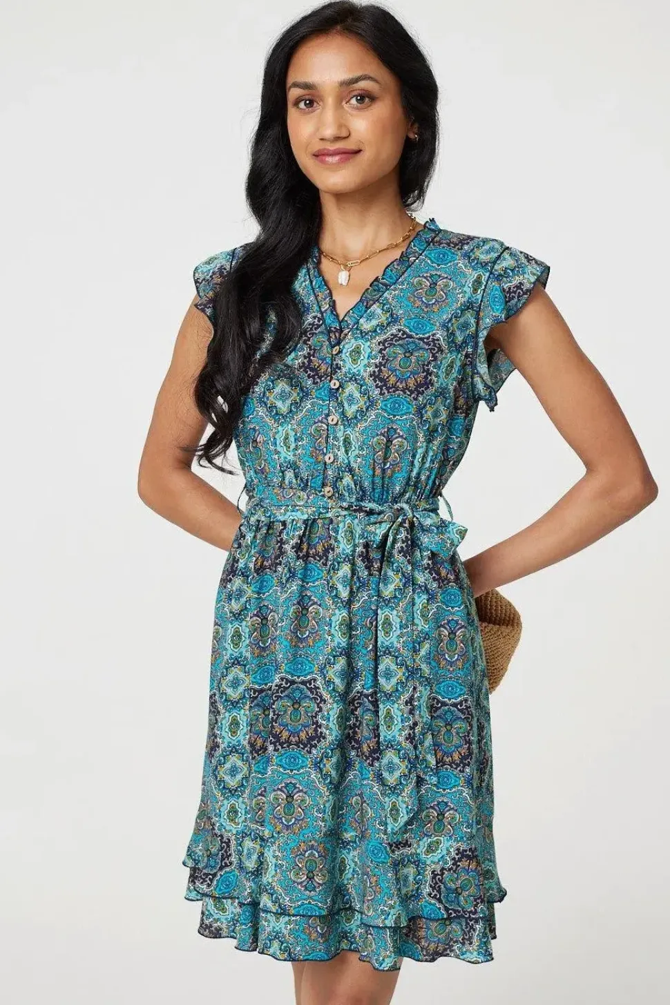 Mosaic Print Frill Tie Waist Short Dress