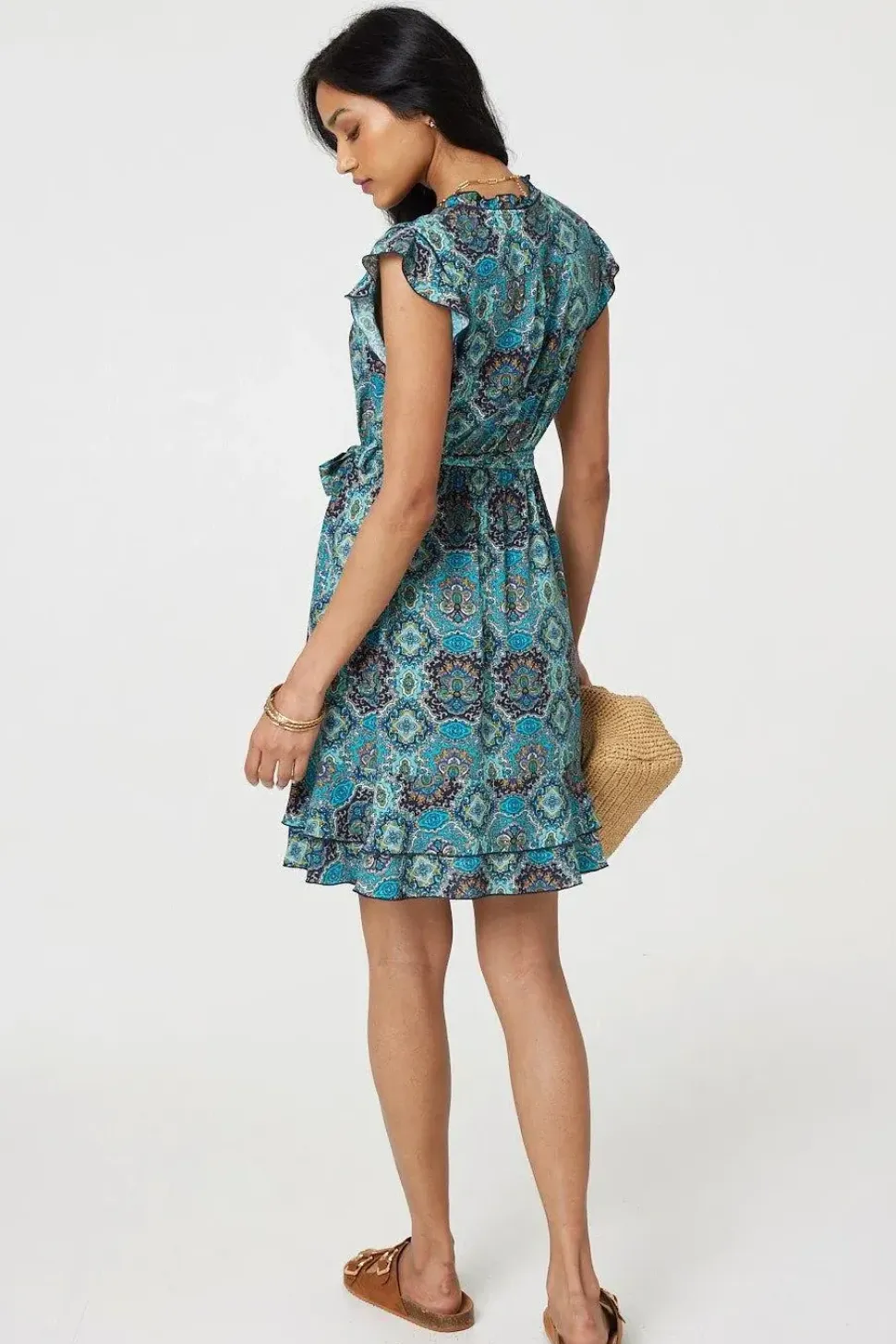 Mosaic Print Frill Tie Waist Short Dress