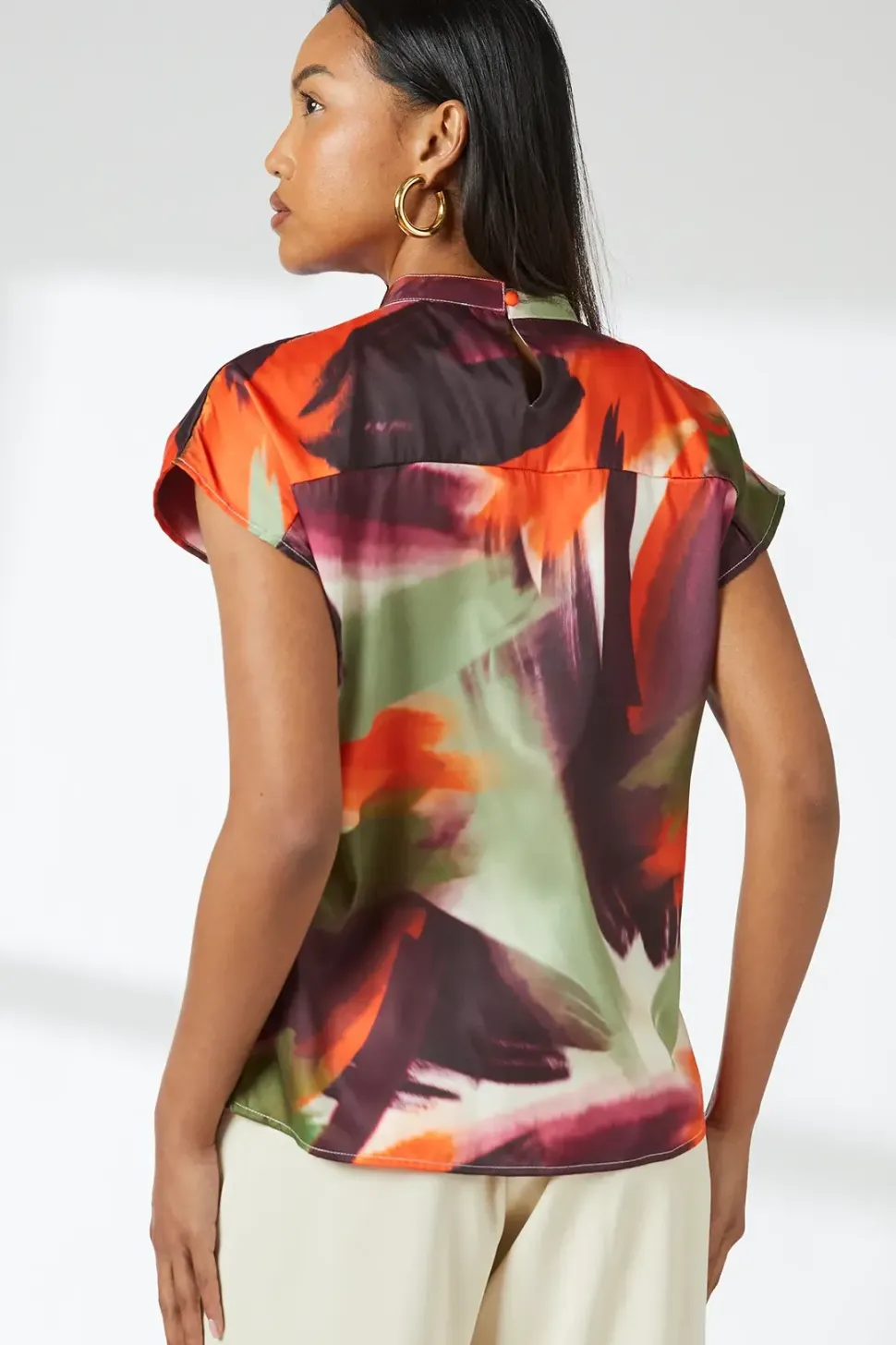 Multi Brushstroke Print Drape Knot Front Shell Top