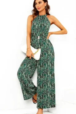 Multi Color Print Halter Neck Jumpsuit In Green
